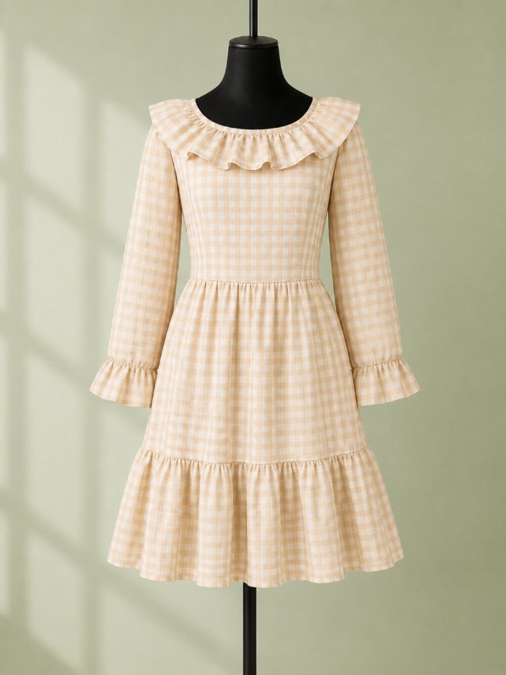 J. Crew Women's Sz 14 Tan White Gingham Seersucker Ruffle Dress Cottagecore